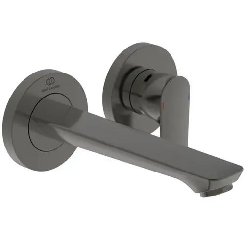 Wandarmatur in Magnetic Grey von Ideal Standard mit einem langen Auslauf. Enthält kalte und warme Wasserregler in Rot und Blau.